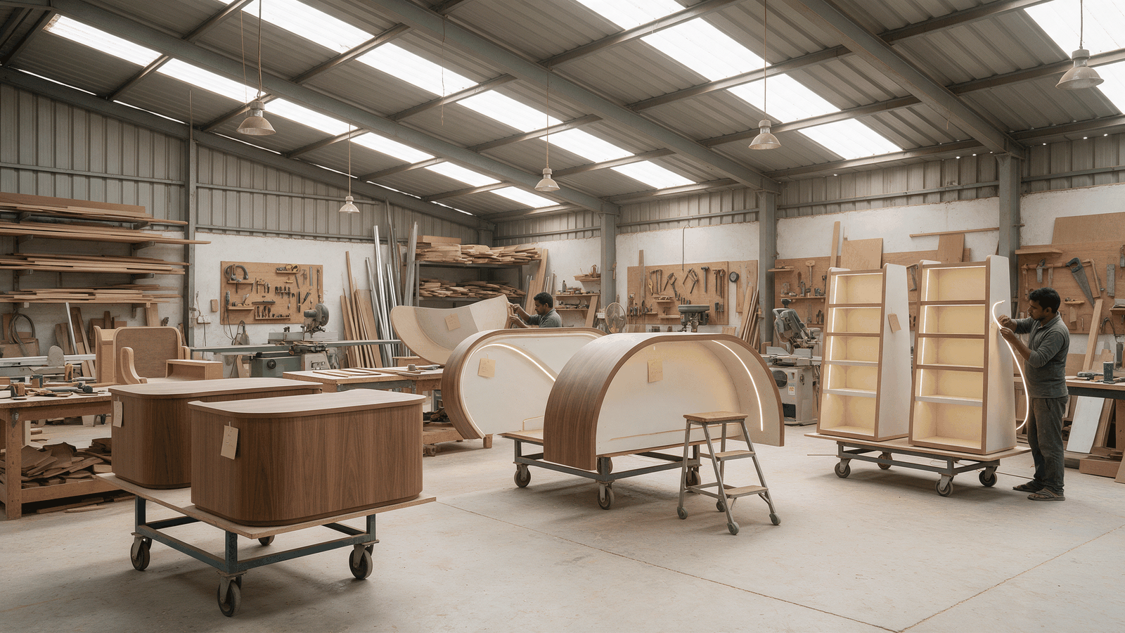 Illustrative workshop manufacturing curved wood kiosk modules and display units off-site